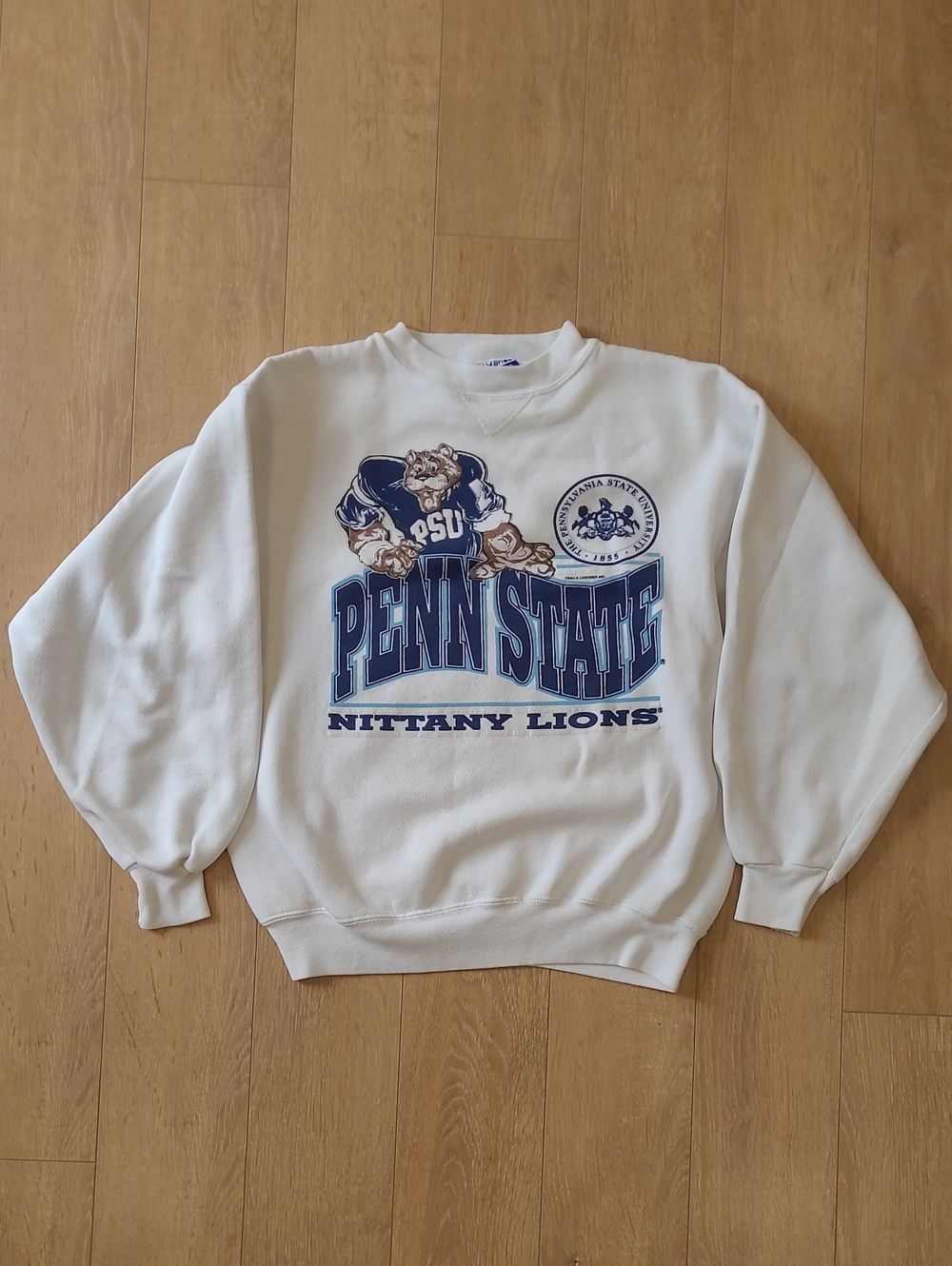 90's Hanes White Crewneck Sweatshirt Navy Penn State Nittany Lions Logo Made USA